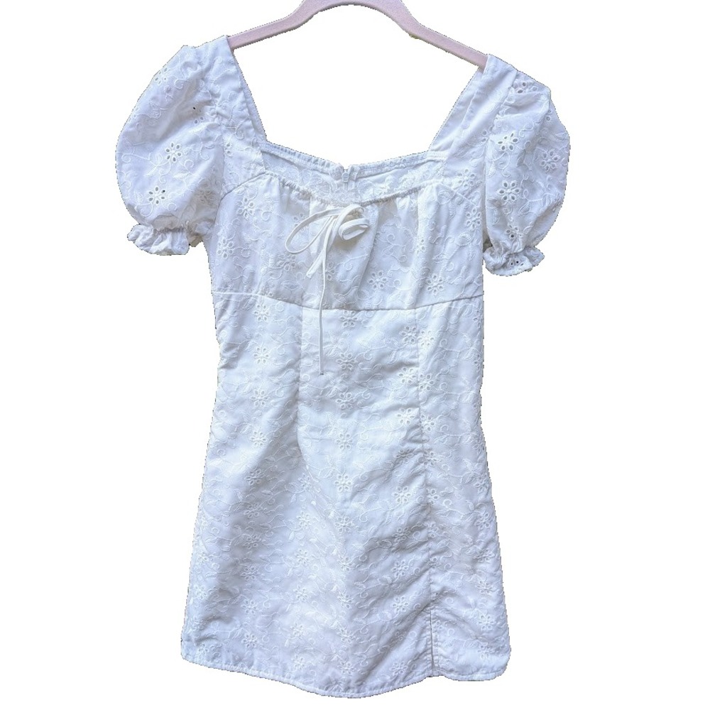 Mini Eyelet Lace Dress S Milkmaid Cottagecore Feminine Coquette Fairy Dainty - Picture 2 of 9